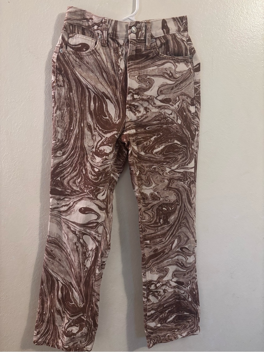 Marbled Print High-Rise Pants in Brown and Cream by Topshop